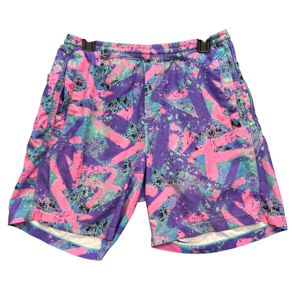 Birddogs Gym Shorts Mens L Purple Pink Abstract Splatter Retro Athletic Active